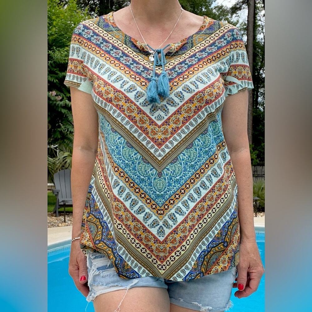 ONE WORLD Blue Brown Graphic Tie Front Blouse